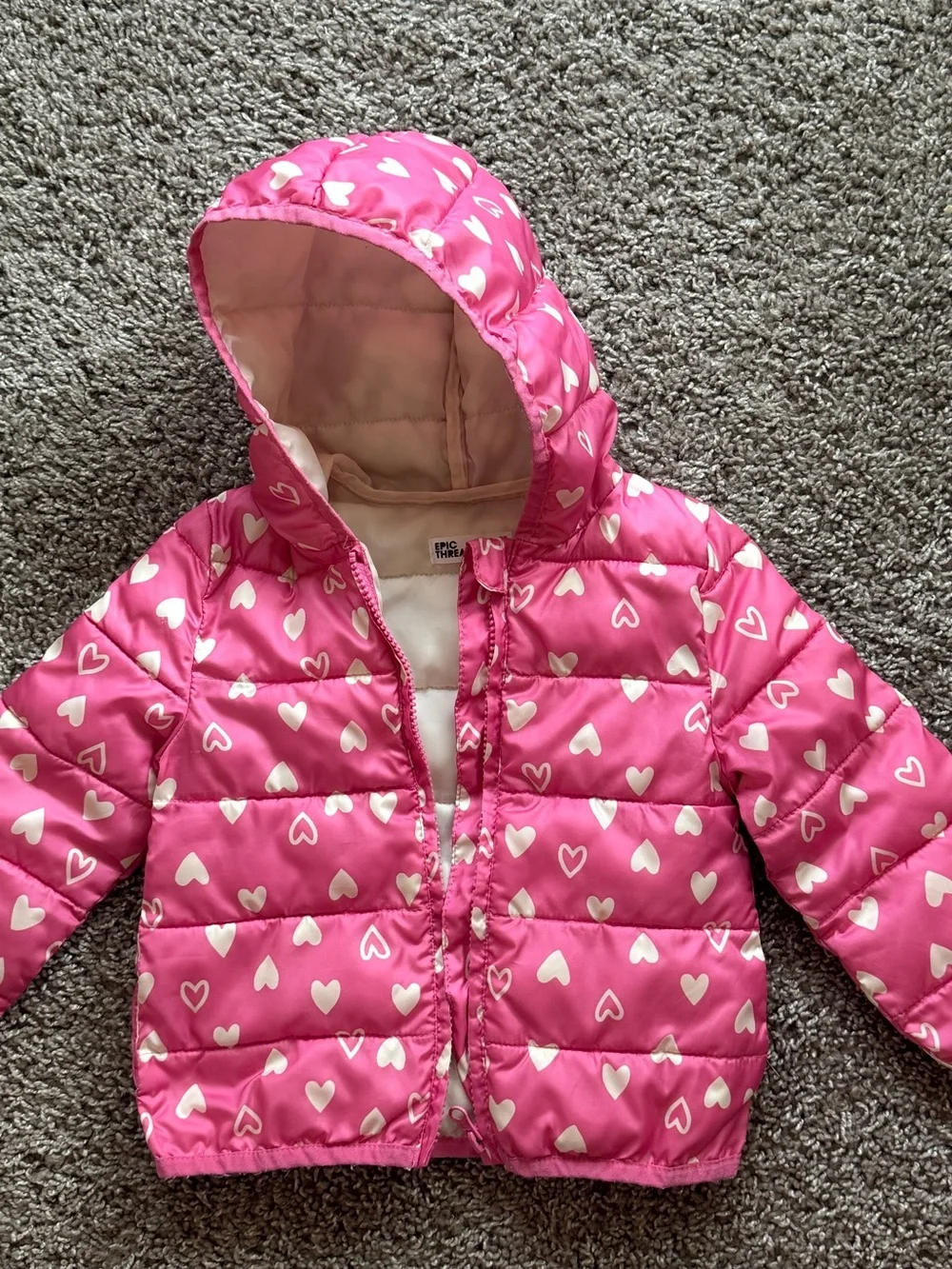 Epic Threads Girls Pink Heart Print Puffer Jacket Hooded Size 2T